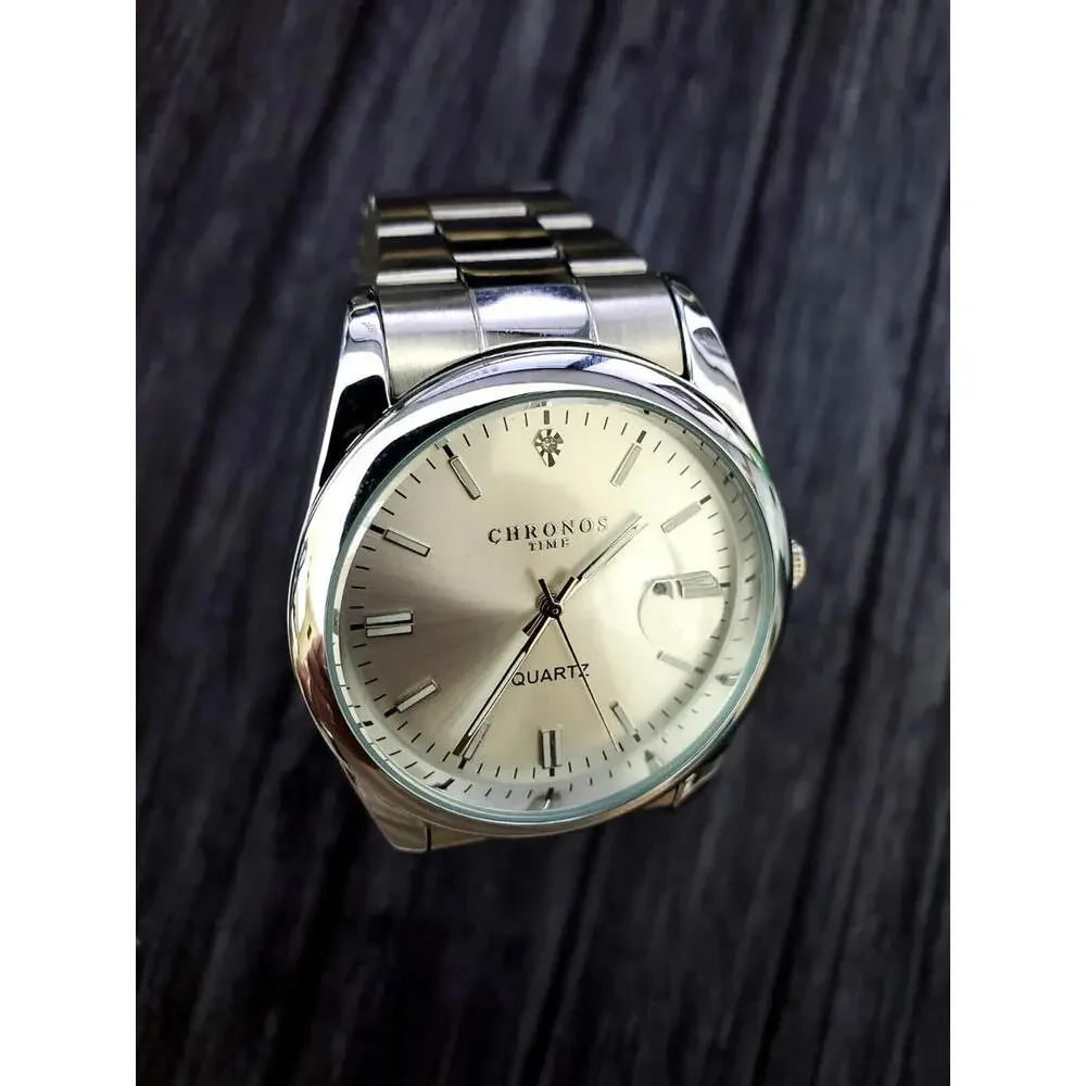 Chronos Men's Date Watch Silver Burst Diamond Dial 90's‎